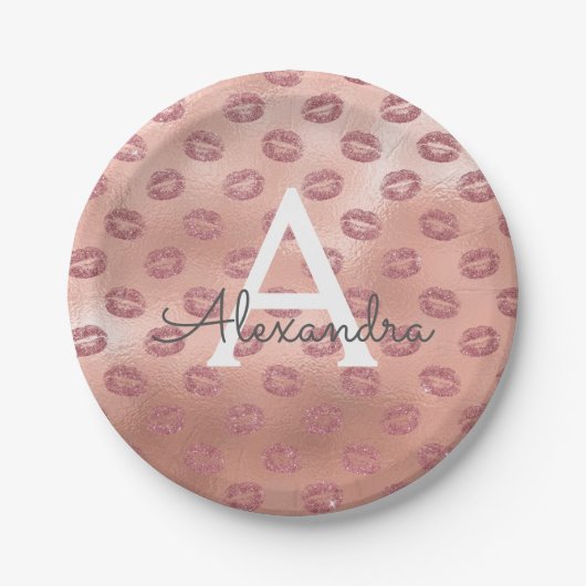Assiettes En Carton Rose Rose Gold Lipstick Baisers Monogramme Anniver (Devant)