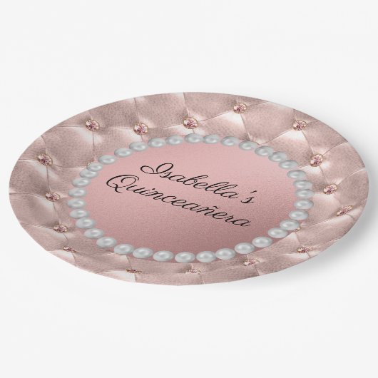 Assiettes En Carton Rose Rose Or Perles Blanches Quinceañera Photo (Angle)