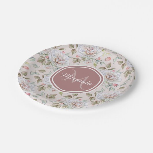 Assiettes En Carton Rose rose pâle Motif avec Monogramme et nom (Angle)