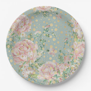 Assiettes En Carton Rose rose pois floral or turquoise élégant vintage