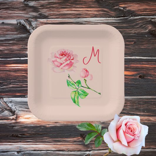 Assiettes En Carton Rose rose vintage -monogrammed