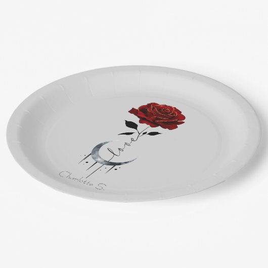 Assiettes En Carton Rose rouge de style tatouage et lune de croissant (Angle)