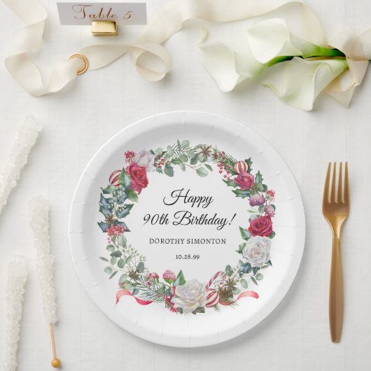 Assiettes En Carton Rose rouge et Holly 90e anniversaire Elegant (Mariage)