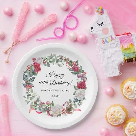 Assiettes En Carton Rose rouge et Holly 90e anniversaire Elegant (Fête)