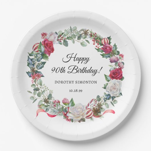 Assiettes En Carton Rose rouge et Holly 90e anniversaire Elegant (Devant)