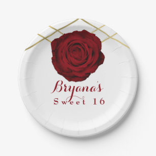 Assiettes En Carton Rose rouge et lignes dorées Fleurs Élégant Party s