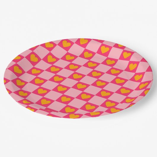 Assiettes En Carton Rose rouge jaune coeur amour À damiers Y2K Motif (Angle)