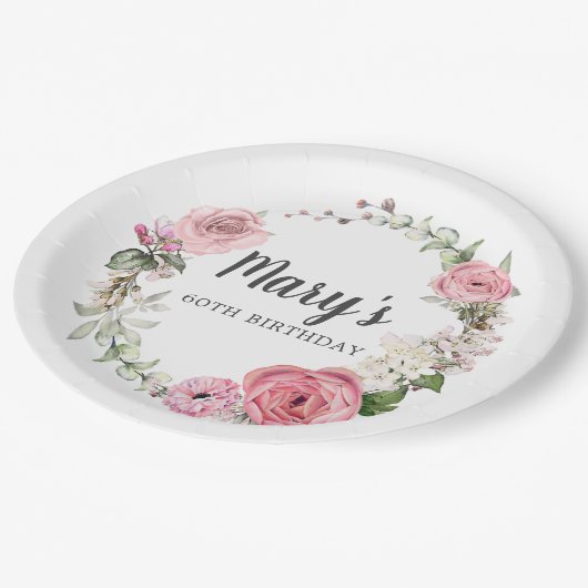 Assiettes En Carton Rose Rustique Floral 60e Anniversaire Plaque de pa (Angle)