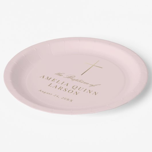 Assiettes En Carton Rose Simple Elegant Gold Cross Baptism Christening (Angle)
