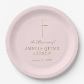 Assiettes En Carton Rose Simple Elegant Gold Cross Baptism Christening (Devant)