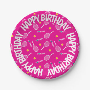 Assiettes En Carton Rose vif J'aime le tennis, Joyeux anniversaire