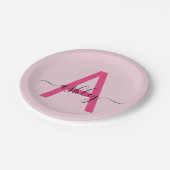 Assiettes En Carton Rose vif Moderne Écriture Féminine Monogramme Nom (Angle)