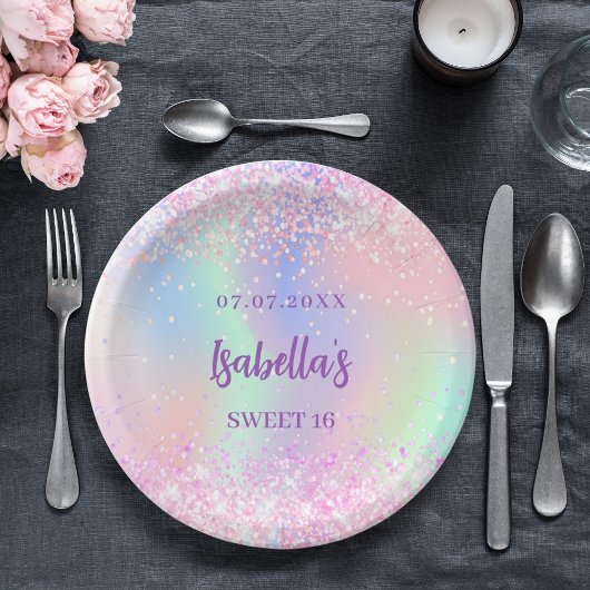 Assiettes En Carton Rose violet éclat holographique Sweet 16