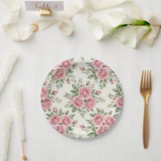 Assiettes En Carton Roses à l'aquarelle rose vintage motif floral sans