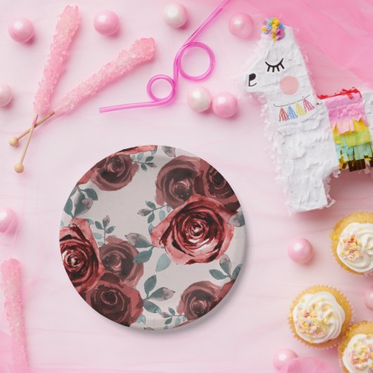 Assiettes En Carton Roses Aquarelles Vert Foncé Bordeaux Mariage Taupe (Fête)