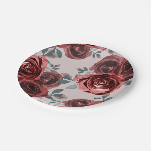 Assiettes En Carton Roses Aquarelles Vert Foncé Bordeaux Mariage Taupe (Angle)