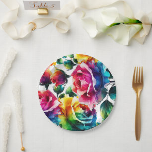 Assiettes En Carton Roses arc-en-ciel Mariage Floral Vibrant Noir & Bl