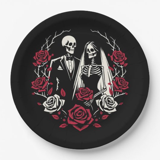 Assiettes En Carton Roses blanc rouge et noir squelette Mariage couple (Devant)