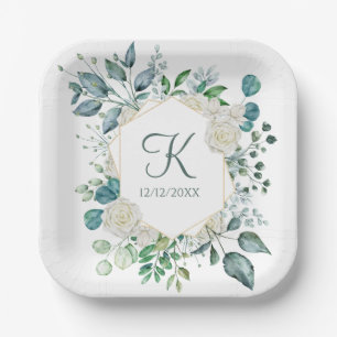 Assiettes En Carton Roses blanches à monogramme et feuillage Eucalyptu