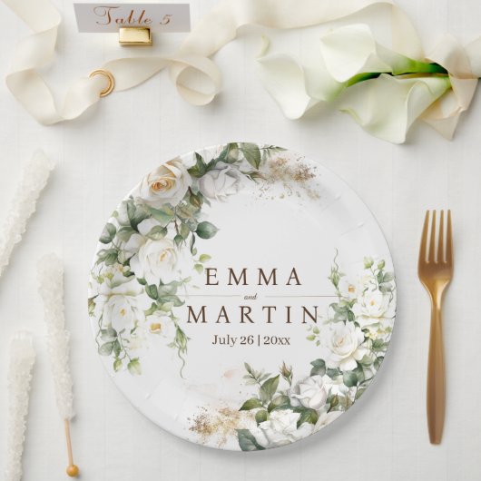 Assiettes En Carton Roses blanches Fleurs de mariage (Mariage)