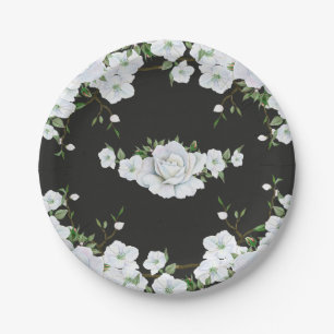Assiettes En Carton Roses blanches Fleurs et gris charbon Mariage Show