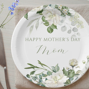 Assiettes En Carton Roses blanches personnalisées Fête des mères