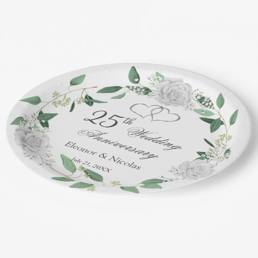 Assiettes En Carton Roses blanches Verdure 25e anniversaire Mariage (Angle)