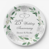 Assiettes En Carton Roses blanches Verdure 25e anniversaire Mariage (Devant)
