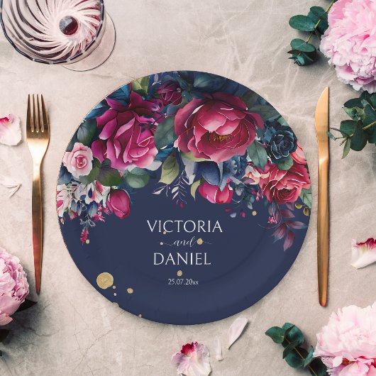 Assiettes En Carton Roses bleu marine rose chaud mariage personnalisé