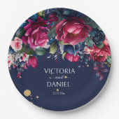 Assiettes En Carton Roses bleu marine rose chaud mariage personnalisé (Devant)