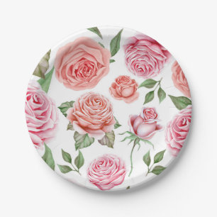 Assiettes En Carton Roses Corail Pêche Feuillage Végétal Style Shabby