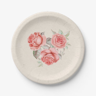 Assiettes En Carton Roses Corail Pêche Vintage Feuillage Mariage