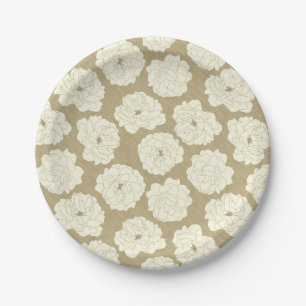 Assiettes En Carton Roses Crème sur Beige Doré - motif sans couture. 