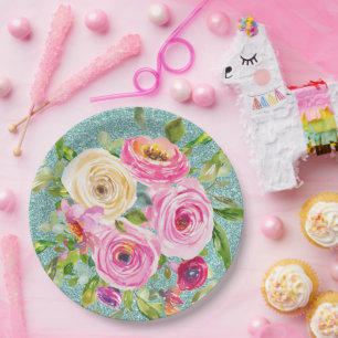Assiettes En Carton Roses d'aquarelle en Parties scintillant Aqua rose