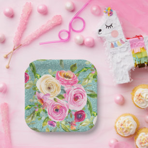 Assiettes En Carton Roses d'aquarelle en Parties scintillant Aqua rose