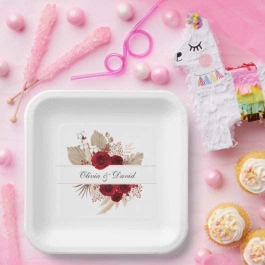 Assiettes En Carton Roses de Bourgogne et Mariage d'herbe Pampas (Fête)