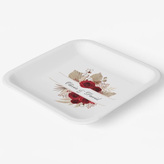 Assiettes En Carton Roses de Bourgogne et Mariage d'herbe Pampas (Angulaire)