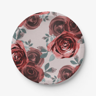 Assiettes En Carton Roses de couleur bordeaux taupe et verdure à l'aqu