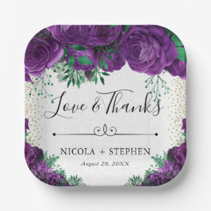 Assiettes En Carton Roses de mariage glamour violet aquarelle