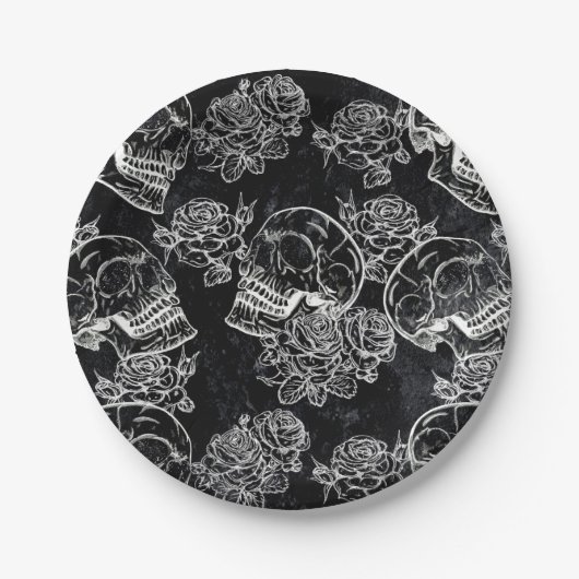Assiettes En Carton Roses des crânes et des calques | Funky Gothique G (Devant)