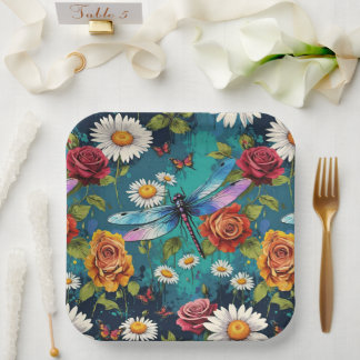 Assiettes En Carton Roses et marguerites chatoyants Turquoises