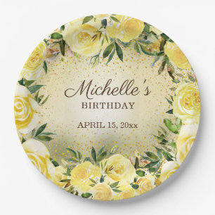 Assiettes En Carton Roses Florales Jaunes Paillettes Dorées Anniversai
