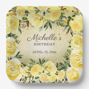 Assiettes En Carton Roses Florales Jaunes Paillettes Dorées Anniversai