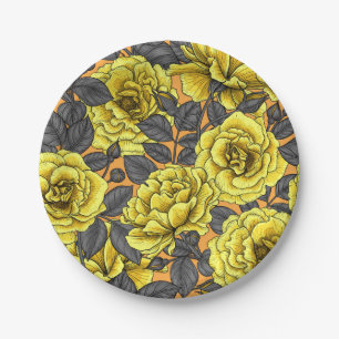 Assiettes En Carton Roses jaunes avec feuilles gris sur orange