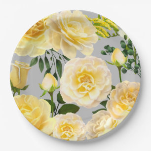 Assiettes En Carton Roses jaunes crémeuses Floral Vintage sur gris
