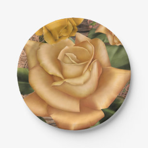 Assiettes En Carton Roses jaunes et bois rustique de campagne pour une