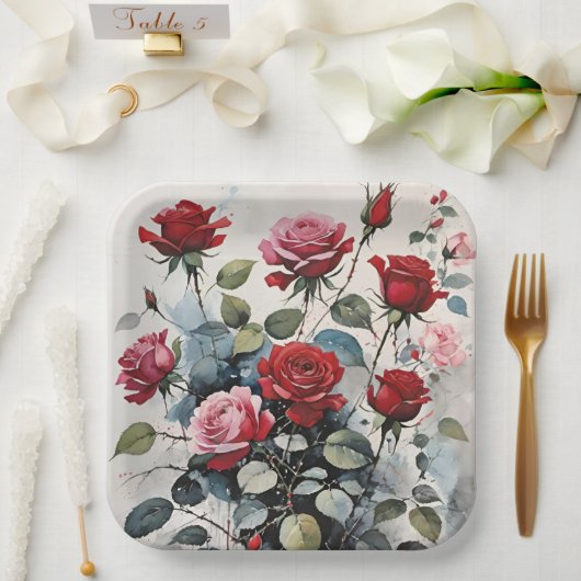 Assiettes En Carton Roses Longues Et Feuillus Rouges Et Roses Roses Ro (Mariage)