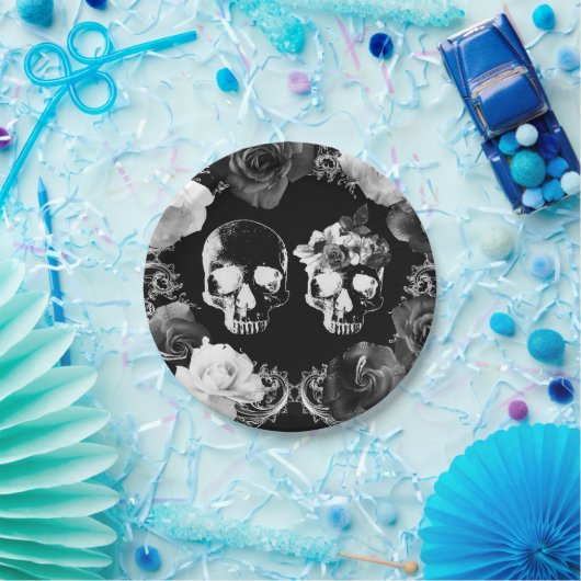 Assiettes En Carton Roses noires et blanches Crâne de squelette Mariag (Fête)