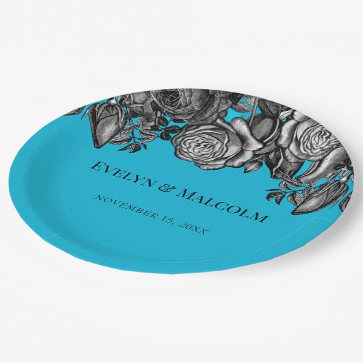 Assiettes En Carton Roses noires et blanches Mariage bleu électrique (Angle)