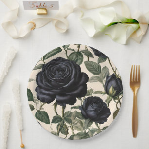 Assiettes En Carton Roses Noirs Et Feuilles Verts,